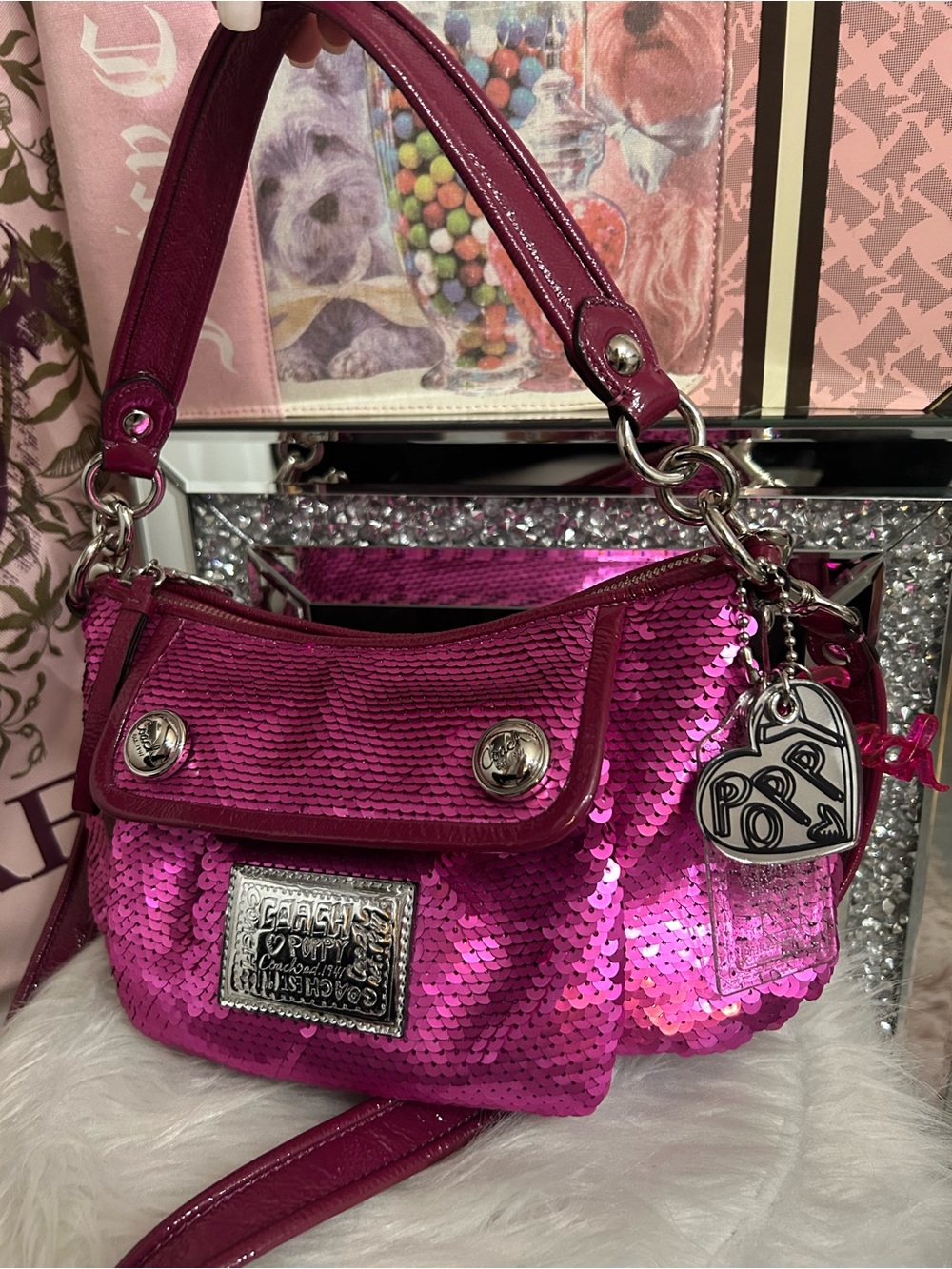 Rare Vintage Coach Poppy Groovy Barbie Pink Sequin 2Way Bag with all Hangtags